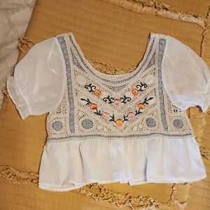 Rebellion White and Blue Embroidered Blouse
